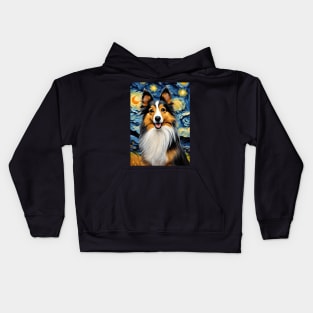 Cute Shetland Sheepdog Dog Breed Painting in a Van Gogh Starry Night Art Style Kids Hoodie